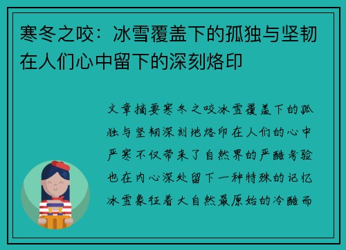 寒冬之咬：冰雪覆盖下的孤独与坚韧在人们心中留下的深刻烙印